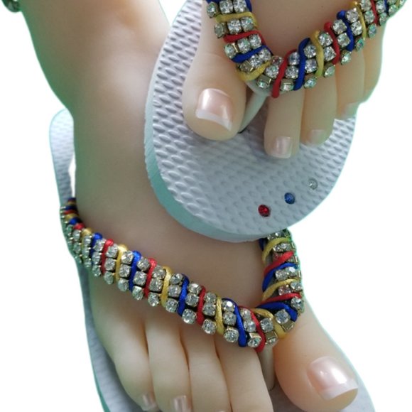 Luxury flip flops with crystals and rhinestones. white and tricolor - Picture 6 of 17